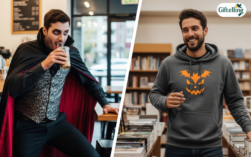 Side-by-side comparison showing traditional Halloween costume versus comfortable Halloween hoodie worn by men in casual settings