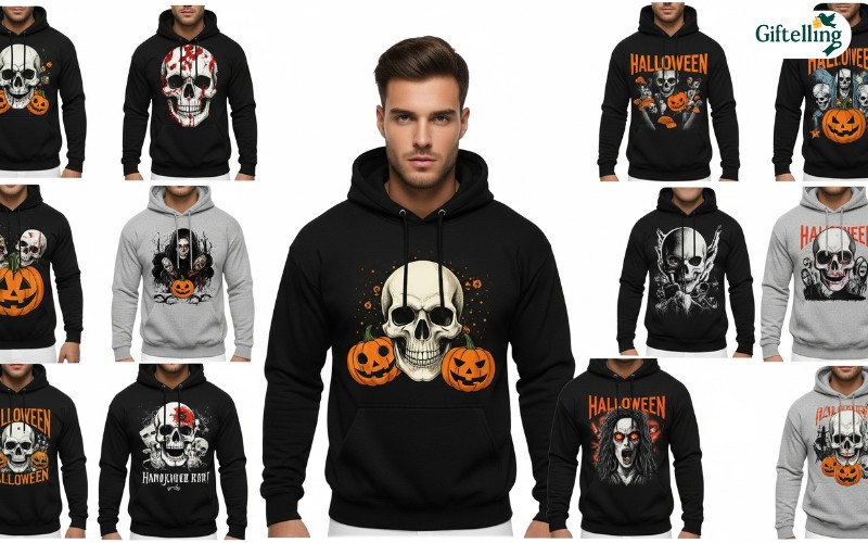 Collection of mens Halloween hoodies featuring skulls, pumpkins, horror movie characters, and spooky designs in various masculine styles