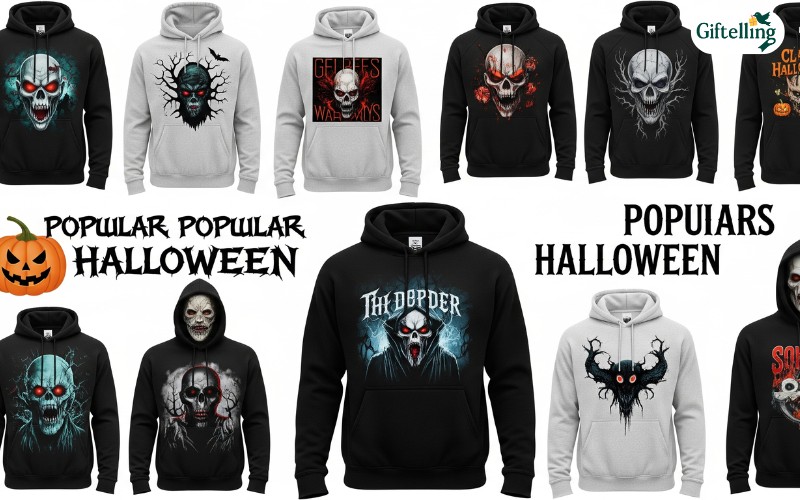 Grid display of popular Halloween hoodie themes including classic monsters, modern horror characters, and gothic designs for men