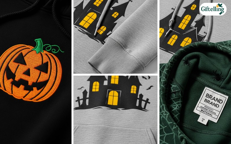 Close-up detail shots showing fabric texture, stitching quality, and print durability features of high-quality mens Halloween hoodies
