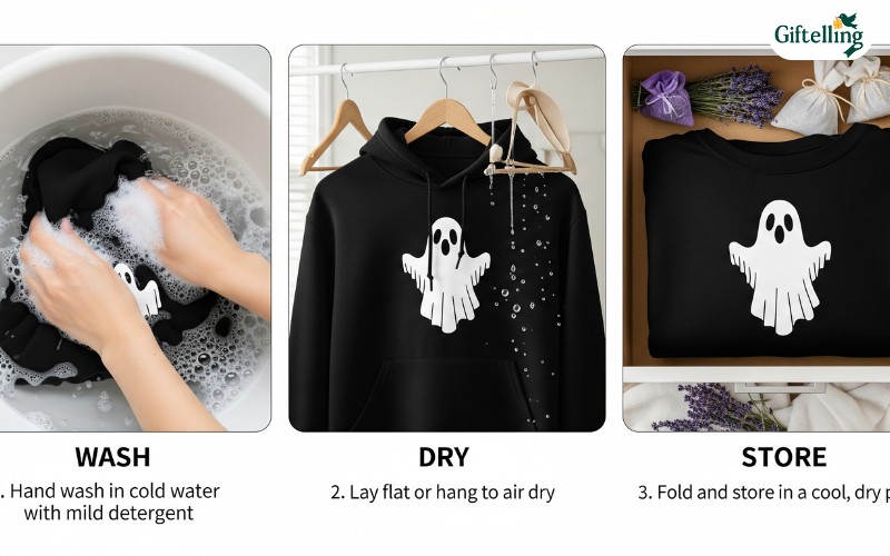 Step-by-step care guide showing proper washing, drying, and storage methods for maintaining Halloween hoodie quality