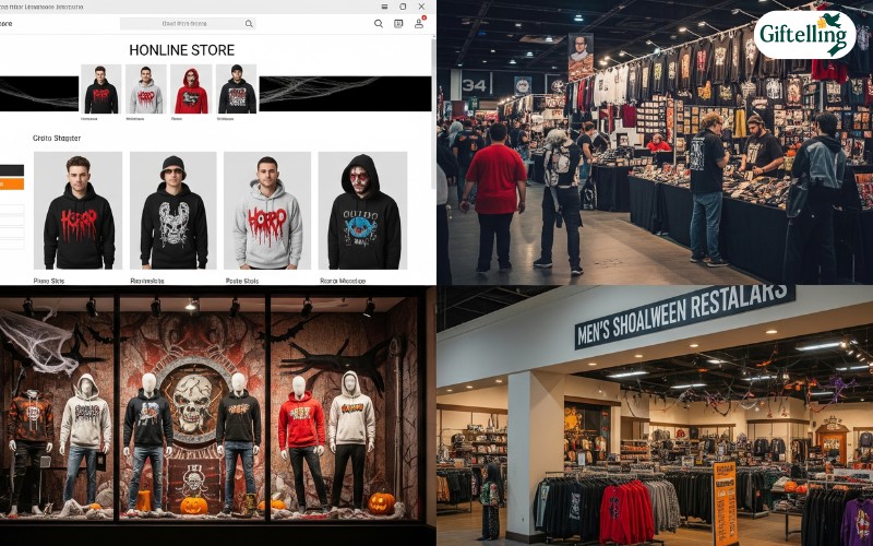 Various shopping venues including online stores, horror conventions, and specialty retailers displaying Halloween hoodies for men