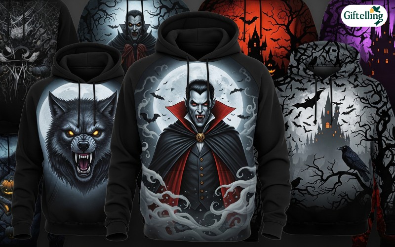 Halloween hoodies featuring classic monsters like vampires, werewolves, and gothic designs with bats and ravens