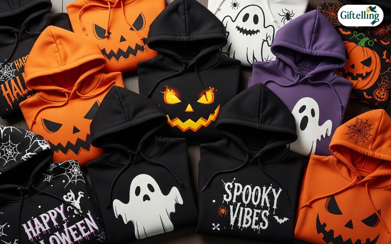 Collection of various Halloween hoodies displaying pumpkins, ghosts, and spooky designs in orange, black, and purple colors