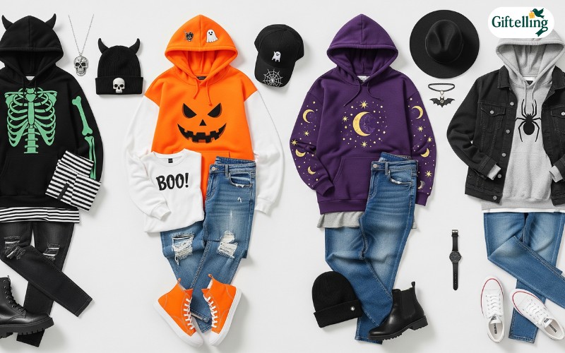 Fashion styling examples showing Halloween hoodies paired with jeans, accessories, and layering pieces for complete Halloween outfits