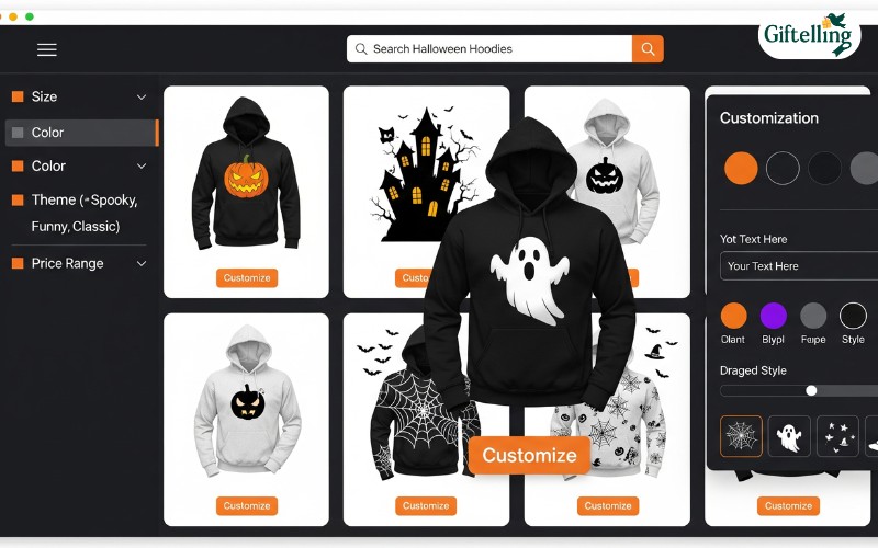Online shopping interface showing various Halloween hoodie options with customization features and design previews