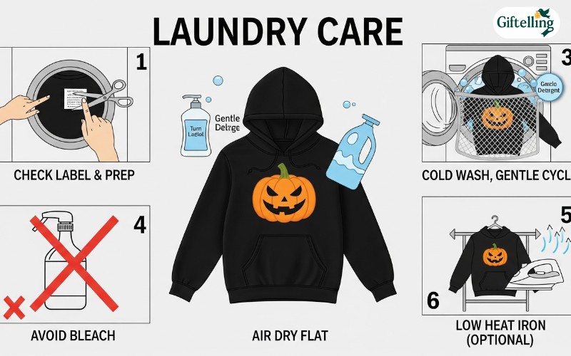 Step-by-step laundry care guide showing proper washing and drying techniques for maintaining Halloween hoodie quality
