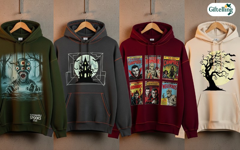 Trendy 2025 Halloween hoodies showcasing vintage horror aesthetics, sustainable materials, and modern design elements