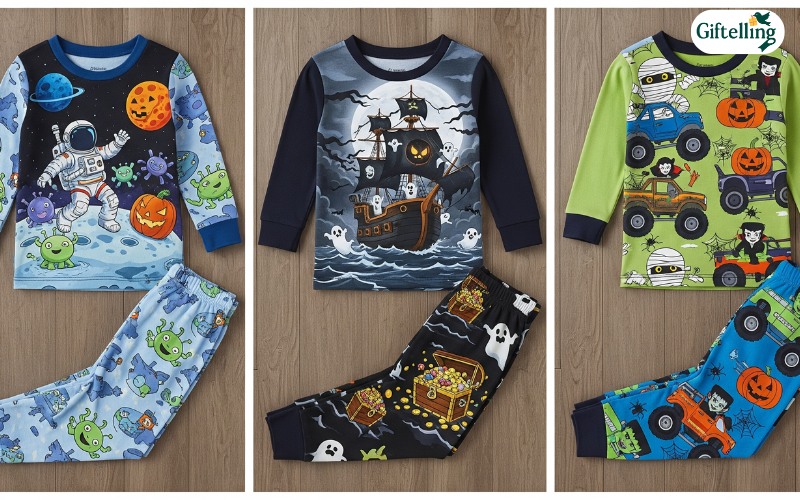 Cool boys Halloween pajamas collection featuring adventure themes and spooky designs for young boys