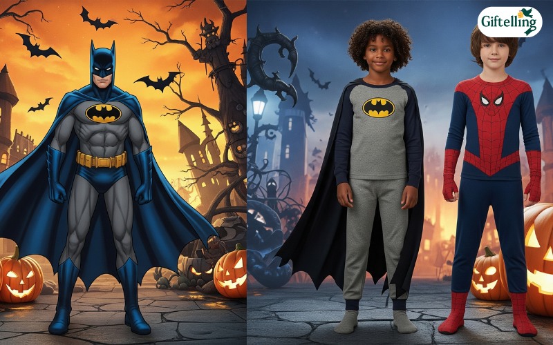  Superhero-themed boys Halloween pajamas featuring Batman and Spider-Man in Halloween adventure settings
