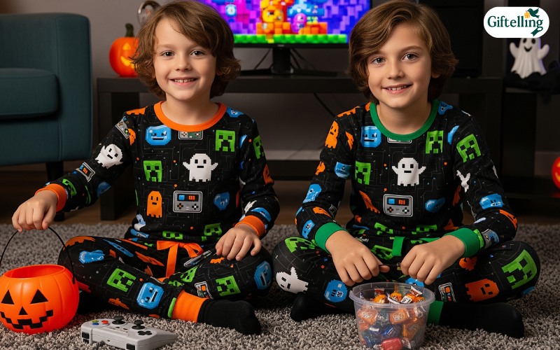 Gaming-inspired boys Halloween pajamas featuring pixel art designs and technology themes
