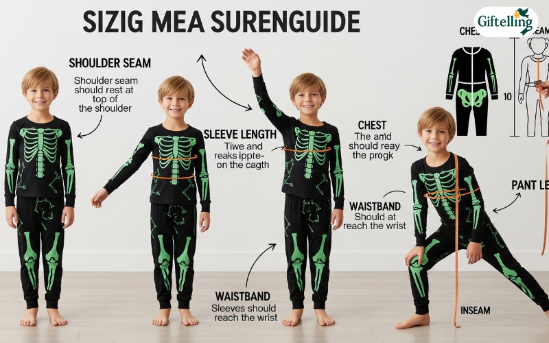 Boys Halloween pajamas sizing guide showing proper fit and measurement techniques for growing children