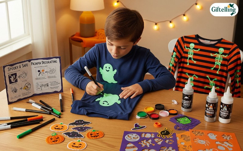 DIY customization workspace for boys Halloween pajamas showing safe decoration techniques and boy-approved themes