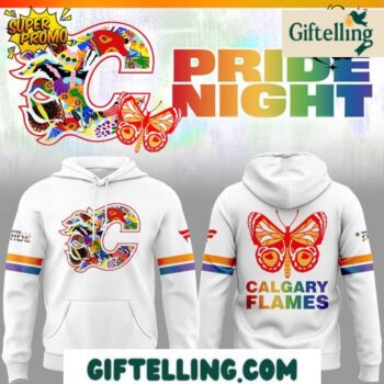 The Pride Night design of this Calgary Flames Pride Night CF Limited Edition White Hoodie incorporates inclusive imagery with Flames team identity
