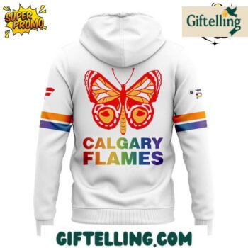 The Calgary Flames Pride Night CF Limited Edition White Hoodie celebrates inclusivity and diversity