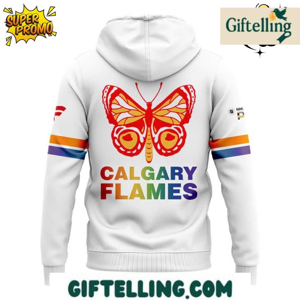 The Calgary Flames Pride Night CF Limited Edition White Hoodie celebrates inclusivity and diversity