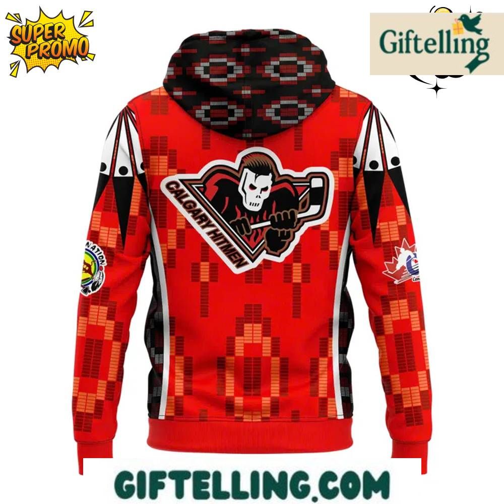 The "Every Child Matters" design of this Calgary Hitmen 2025 Limited Edition Hoodie incorporates cultural recognition imagery with Hitmen team identity