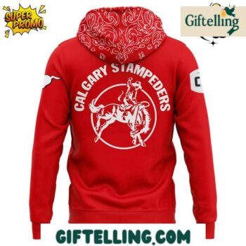 The "Greatest Outdoor Show" design of this Calgary Stampeders 2025 on Earth Hoodie incorporates stampede imagery with Stampeders team identity