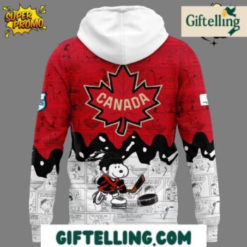 The 75th anniversary design of this Canada Hockey Peanuts Hoodie incorporates Peanuts characters with Canadian hockey elements