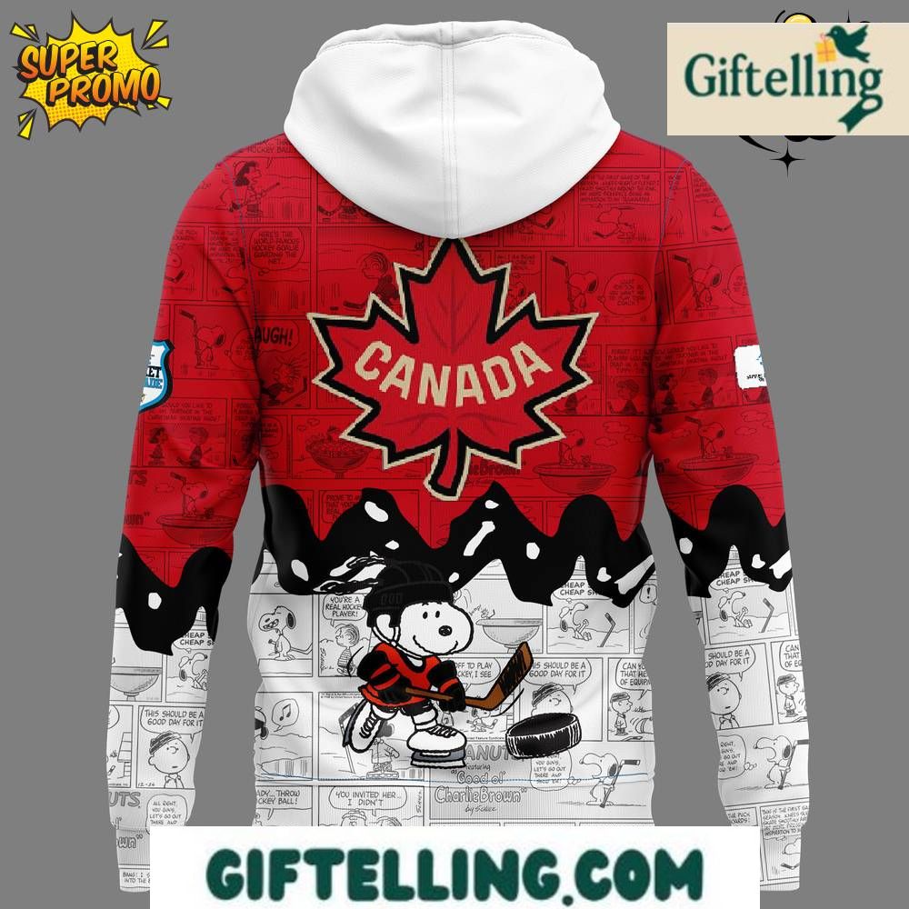 The 75th anniversary design of this Canada Hockey Peanuts Hoodie incorporates Peanuts characters with Canadian hockey elements