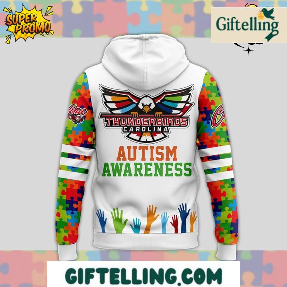 The Autism Awareness design of this Carolina Thunderbirds 2025 Limited Edition Hoodie incorporates acceptance imagery with Thunderbirds team identity