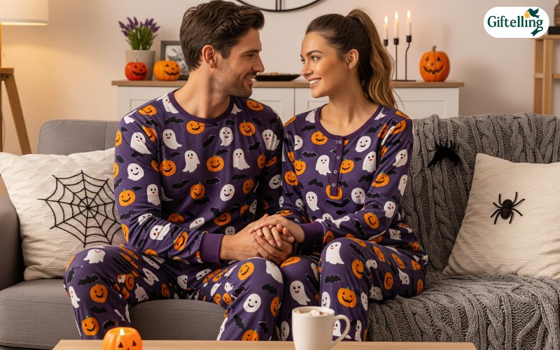 Adorable couples Halloween pajamas featuring matching spooky themes and coordinated designs for romantic celebrations
