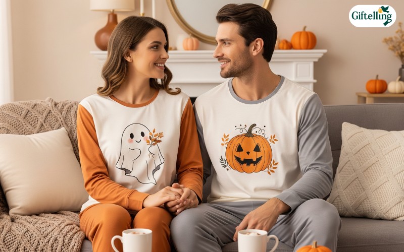 Classic romantic couples Halloween pajamas featuring complementary ghost and pumpkin designs in matching colors