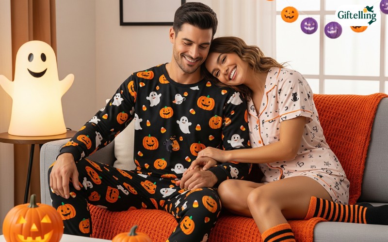 Couples Halloween pajamas showing different cuts and styles that coordinate while accommodating individual preferences