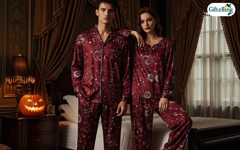 Elegant gothic couples Halloween pajamas in deep burgundy featuring celestial motifs and luxurious fabric details