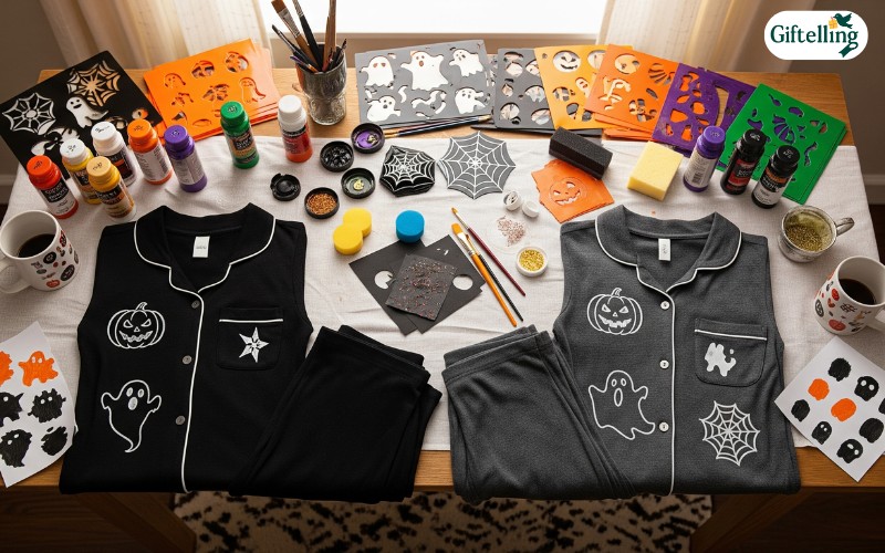 DIY couples Halloween pajamas workspace showing fabric paints, stencils, and basic pajama sets ready for customization