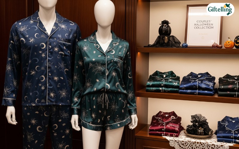 Specialty sleepwear retailer display featuring premium couples Halloween pajamas with luxury fabrics and sophisticated designs