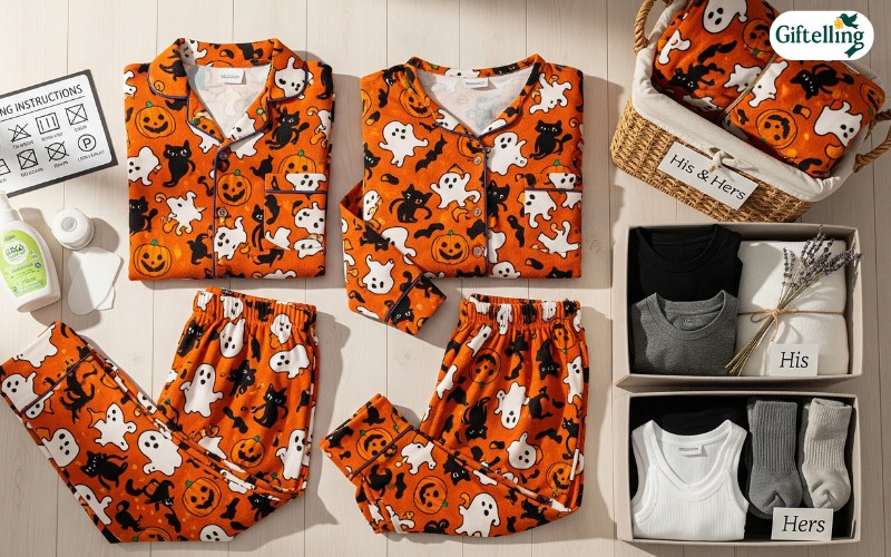 Proper care setup for couples Halloween pajamas showing washing instructions and coordinated storage solutions