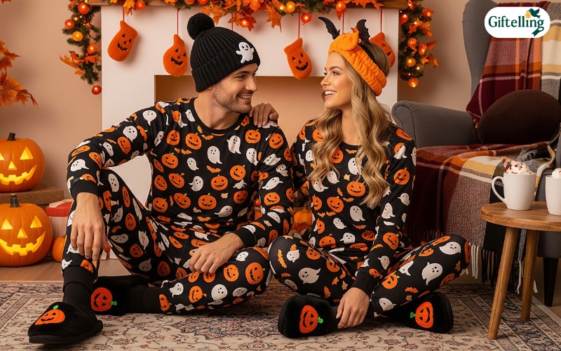 Couples Halloween pajamas styled with coordinating accessories and photographed in cozy seasonal setting