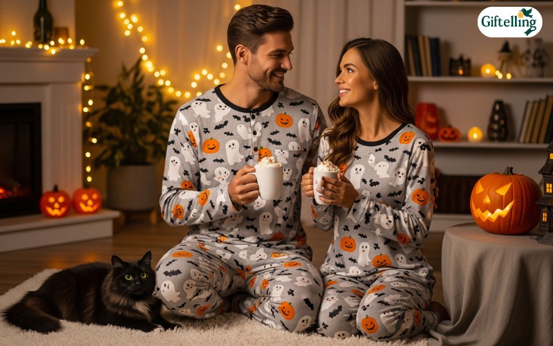 Adorable couples matching Halloween pajamas showing coordinated designs for romantic Halloween celebrations