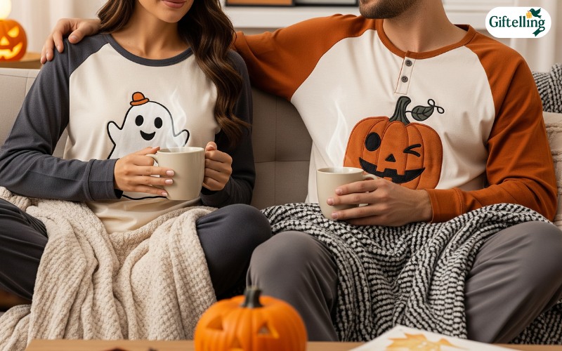 Classic romantic couples Halloween pajamas featuring complementary ghost and pumpkin designs in matching colors