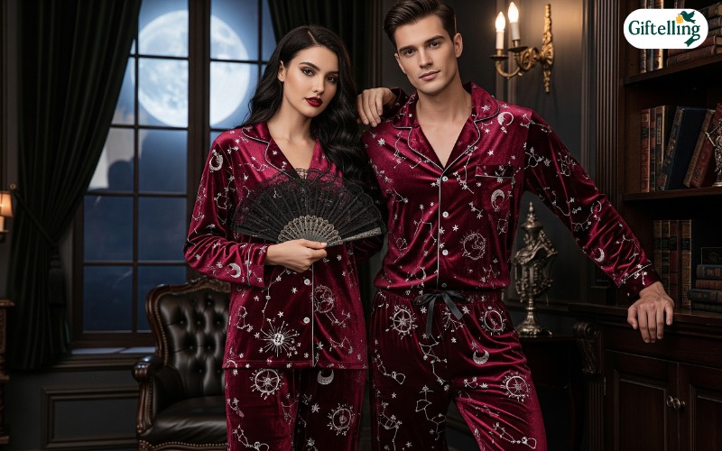 Elegant gothic couples Halloween pajamas in deep burgundy featuring celestial motifs and luxurious fabric details