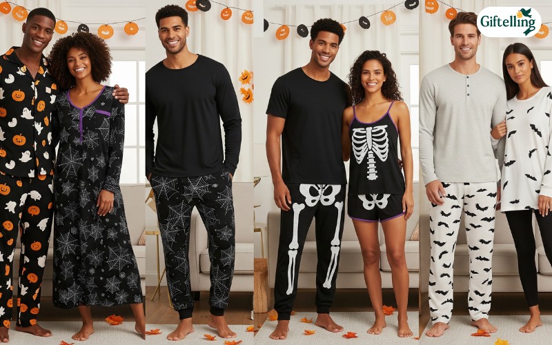 Couples Halloween pajamas showing different cuts and styles that coordinate while accommodating individual preferences
