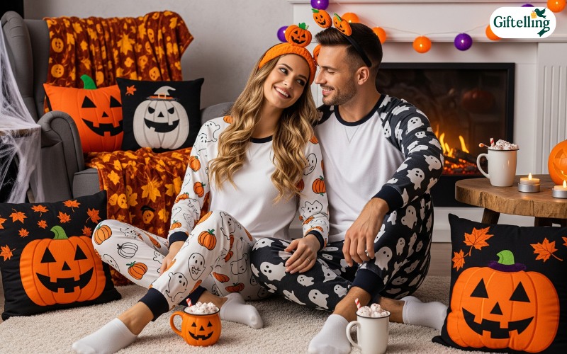 Couples Halloween pajamas styled with coordinating accessories and photographed in cozy seasonal setting