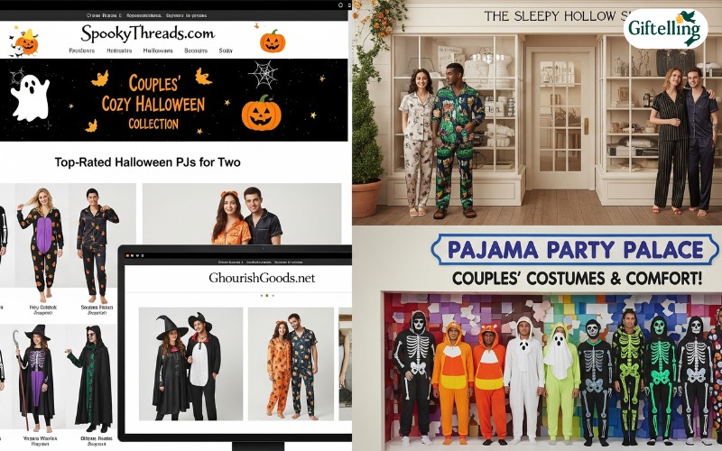 Various shopping options for couples Halloween pajamas showing online platforms and specialty retailers