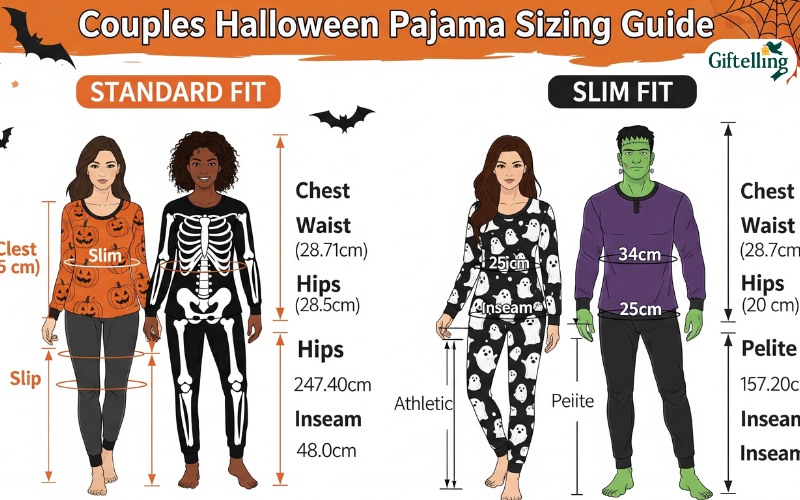 Couples Halloween pajamas sizing guide showing different fits and measurements for various body types