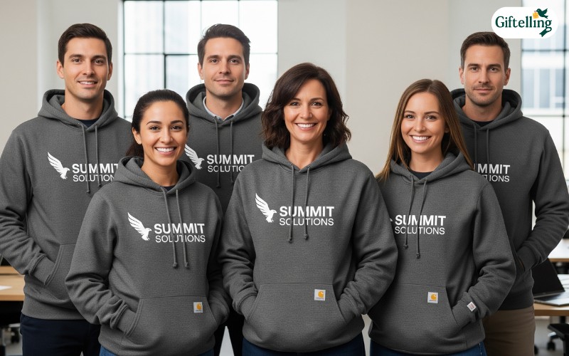 Business team wearing custom Carhartt hoodies showing professional uniform application and brand representation