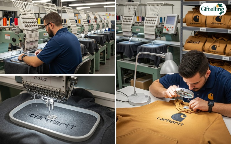 Professional embroidery shop showing Carhartt hoodie customization process and quality control procedures