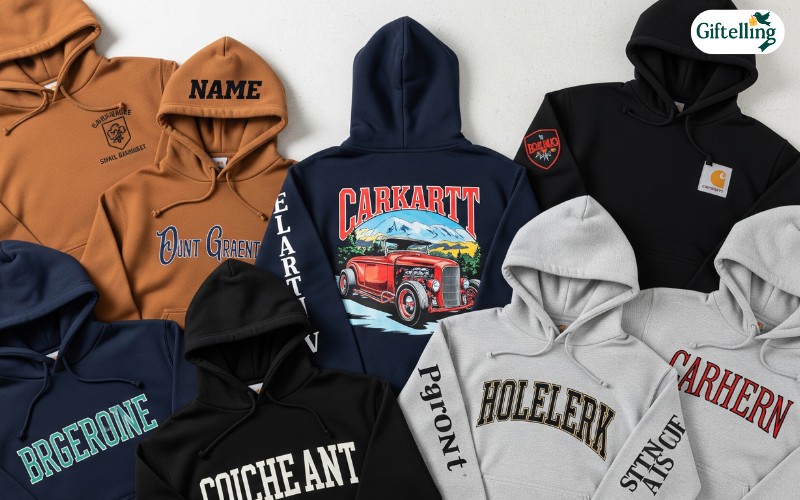 Various customization options for Carhartt hoodies showing embroidery, printing, and placement possibilities