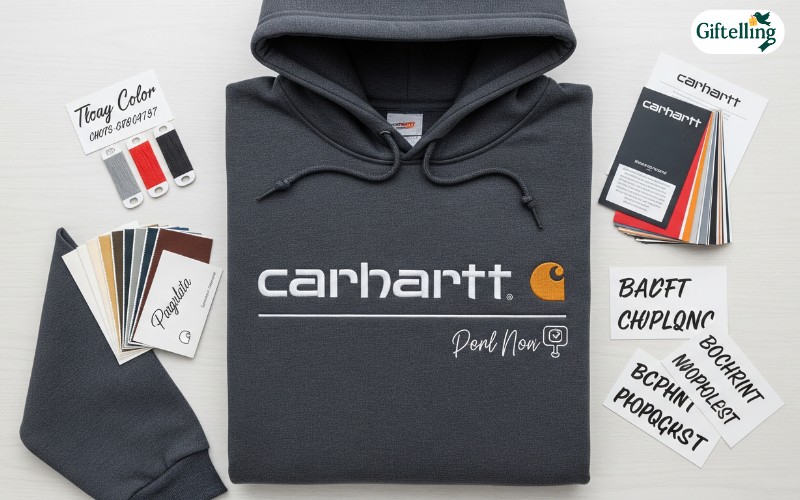 Professional custom Carhartt hoodie showing embroidered company logo and personalized design options