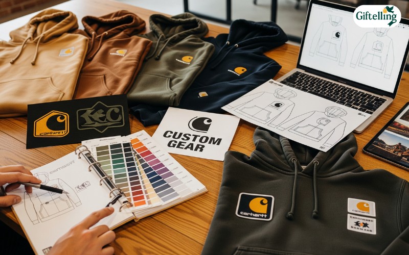 Design consultation for custom Carhartt hoodies showing color selection and branding considerations