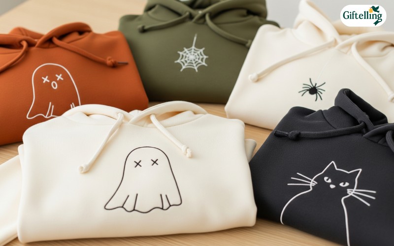 Minimalist cute Halloween hoodies showing simple line drawings and delicate embroidered details
