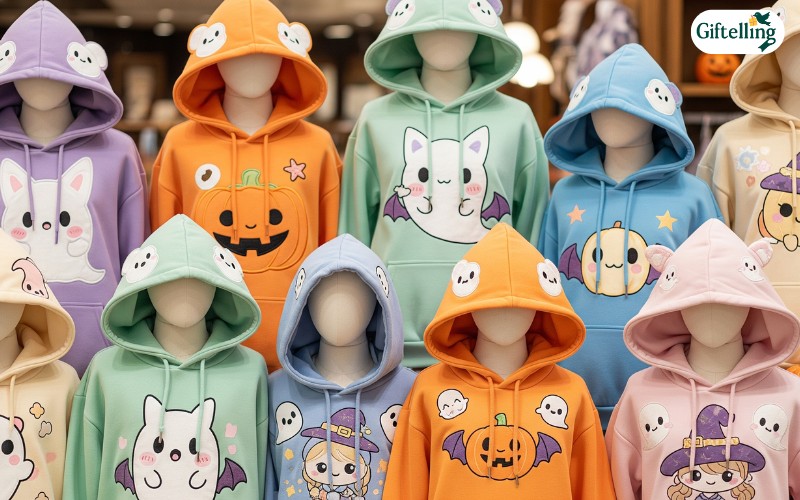 Adorable cute Halloween hoodies collection featuring kawaii-inspired spooky graphics and pastel color schemes