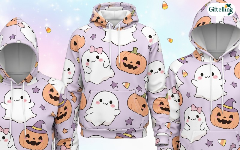 Kawaii-inspired cute Halloween hoodies featuring friendly ghosts and smiling pumpkins in pastel colors