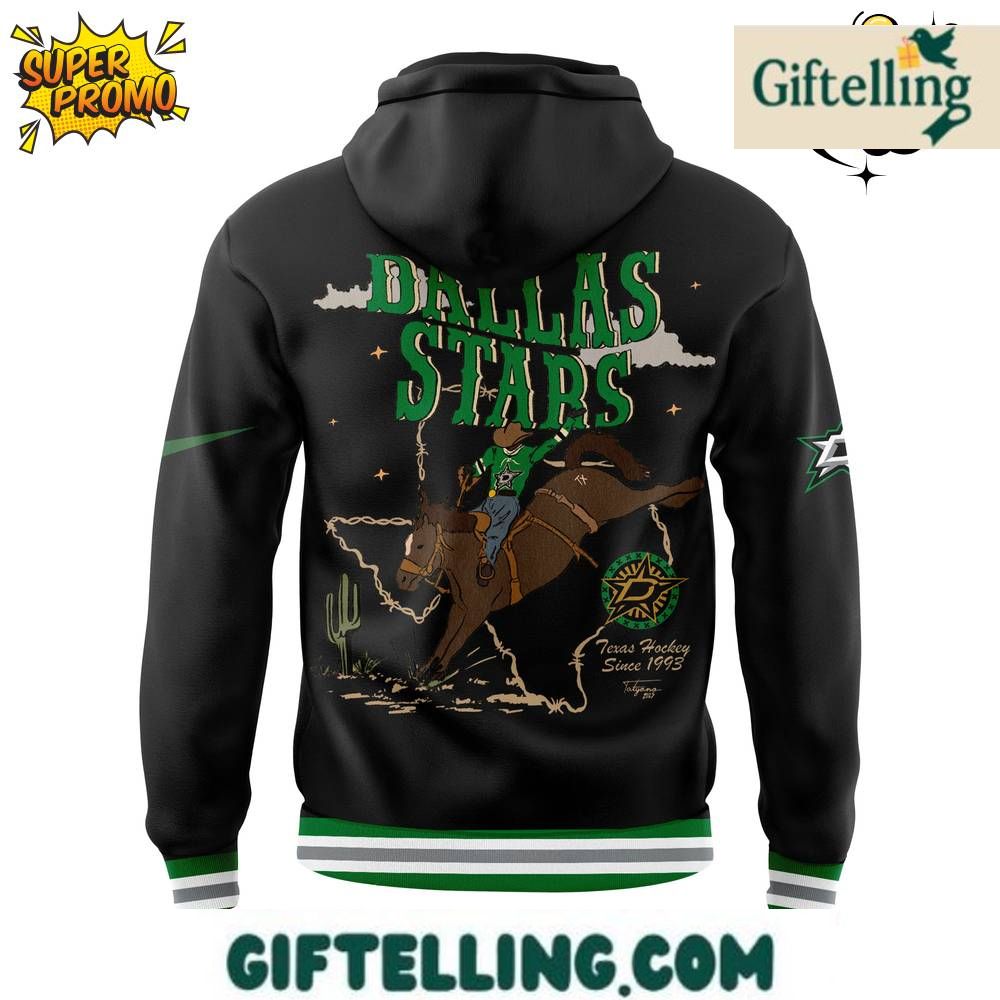 The Black History Night design of this Dallas Stars 2025 Hoodie incorporates cultural recognition imagery with Stars team identity
