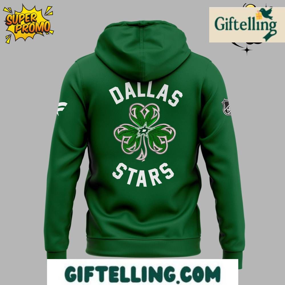 The St. Patrick's Day design of this Dallas Stars 2025 Limited Edition Hoodie incorporates Irish celebration imagery with Stars team identity